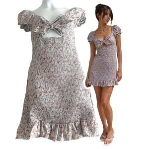 Mable Smocked Floral Milkmaid Mini Dress S Ruffled Cut-Out Puff Sleeve Coquette